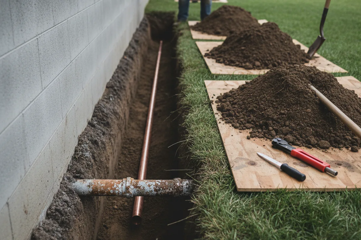 Excavated water line trench during Water Softener Installation in Wallisville